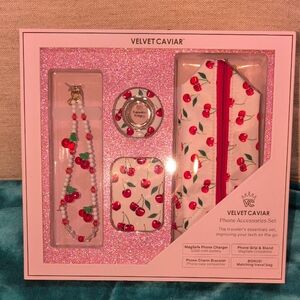 Velvet Caviar Cherry Print Phone Accessory Set - White, Red, Green, Pink